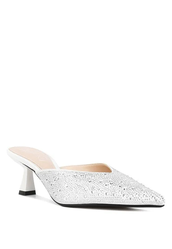 Aldora Rhinestones Embellished Satin Mules