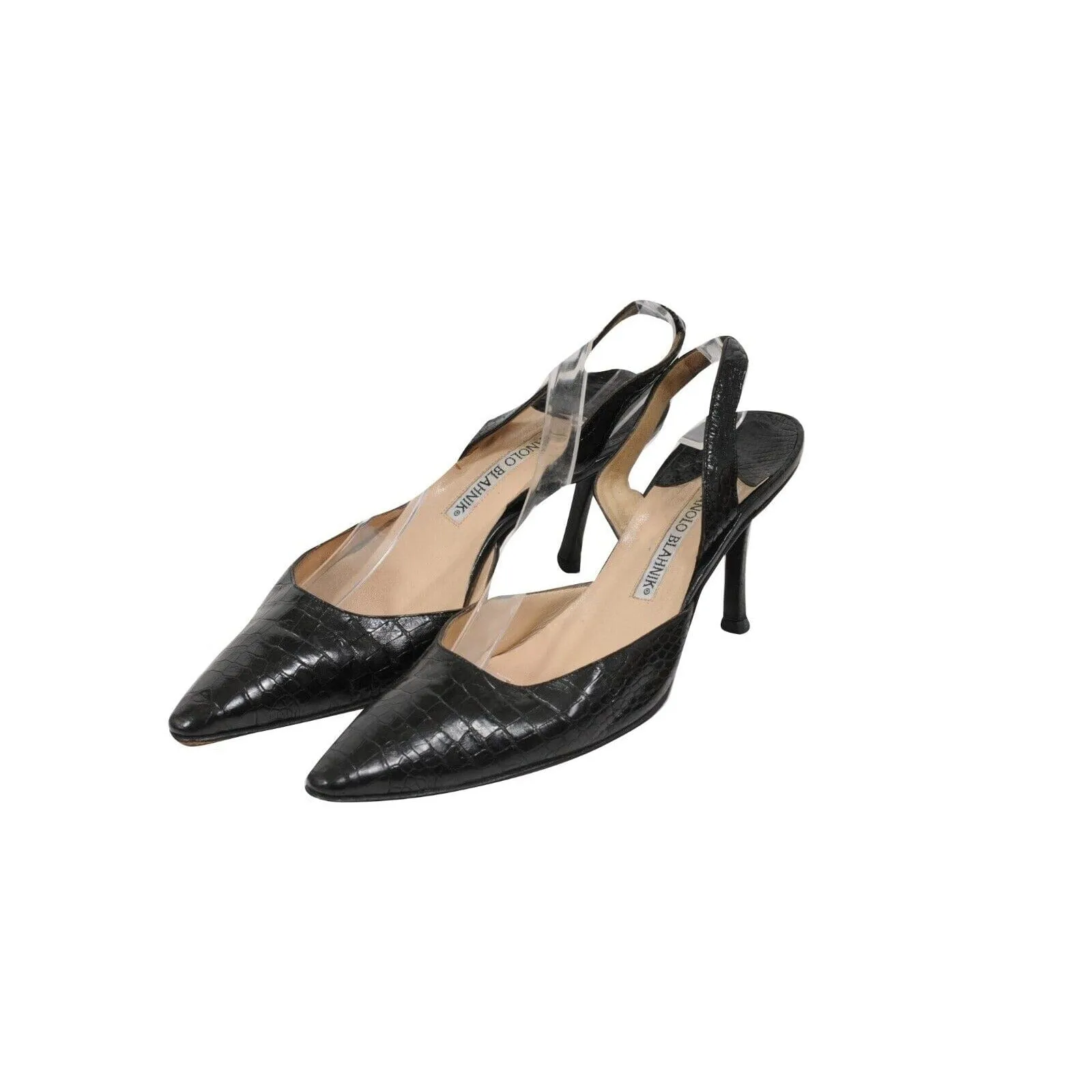 Black 80mm Slingback Crocodile Kitten Heels