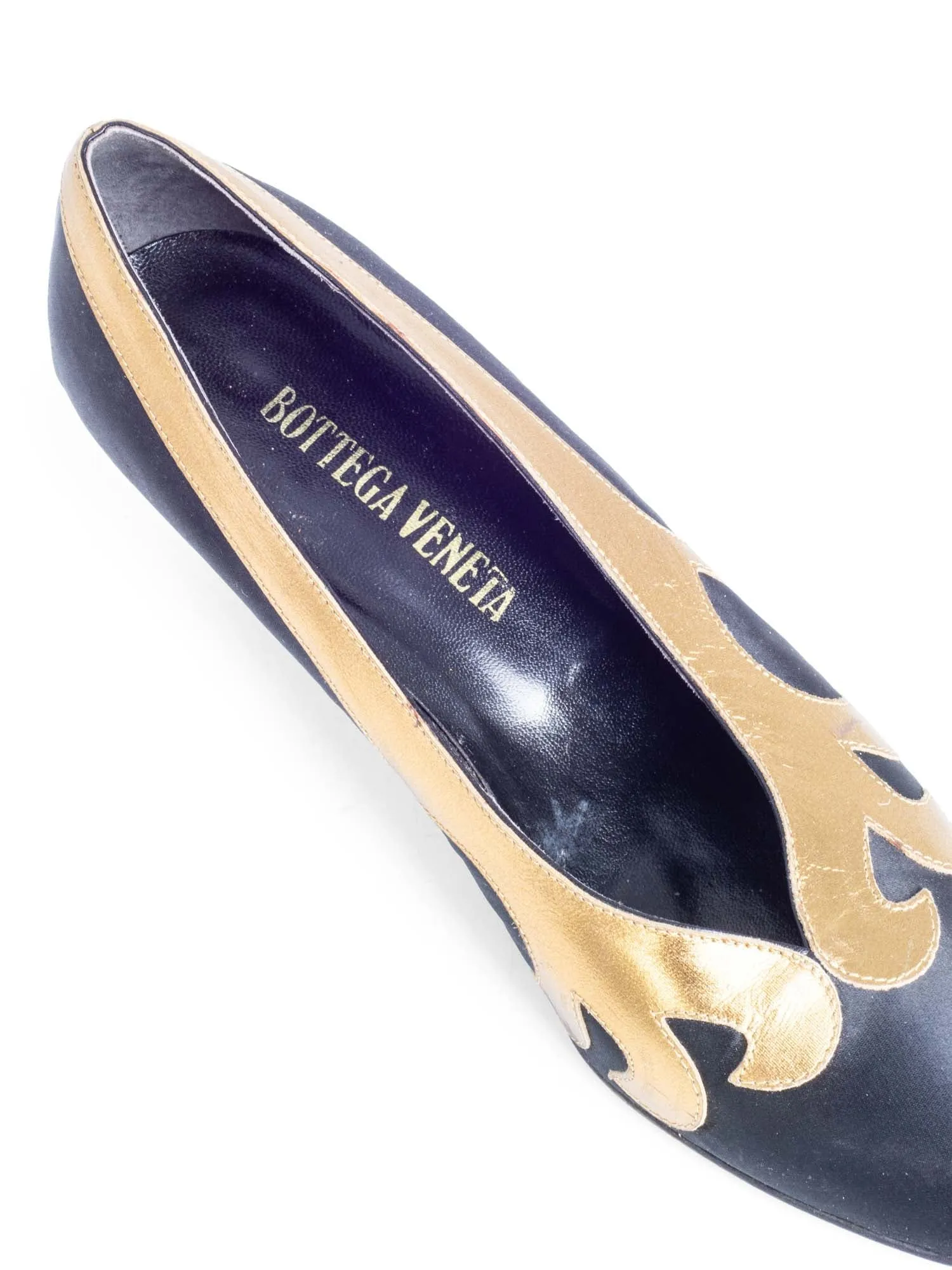 Bottega Veneta Satin Leather Embellished Kitten Heel Black Gold