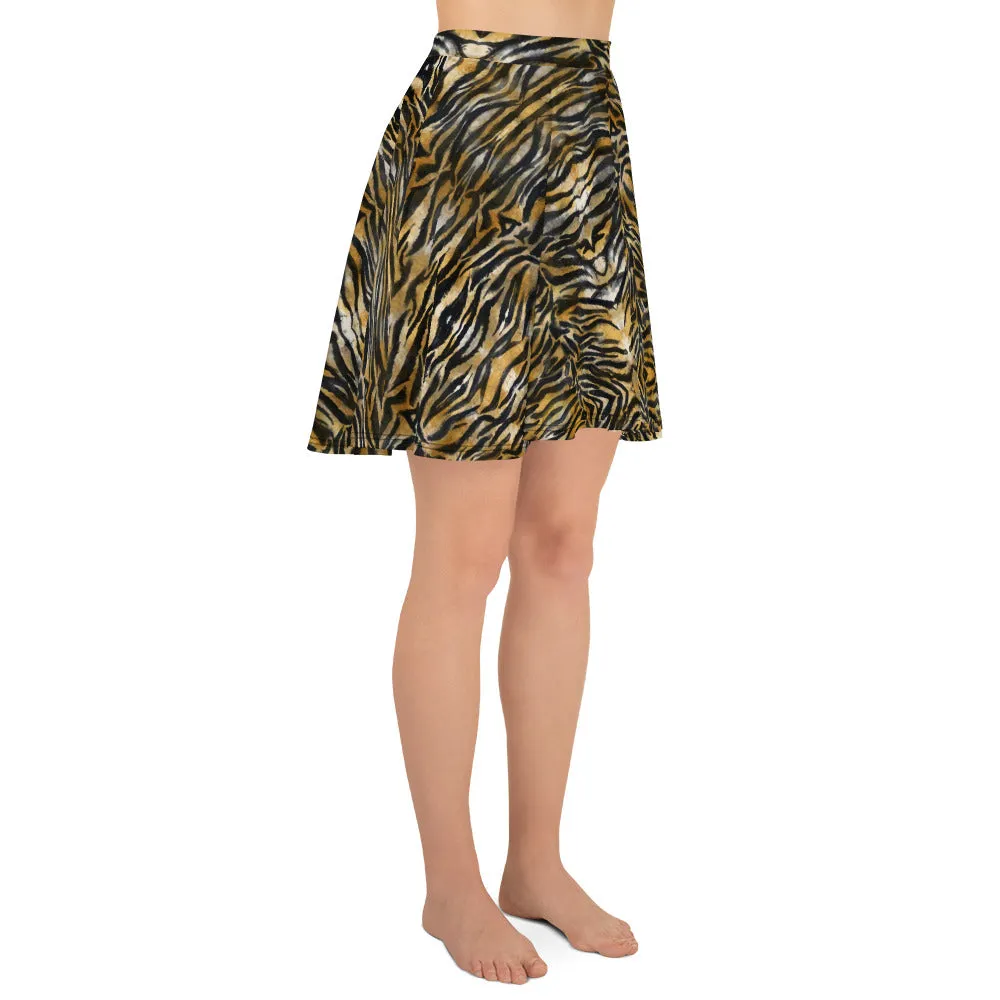 Brown Tiger Stripe Skater Skirt, Animal Print Women's Flared A-Line Skirt-Made in USA/EU