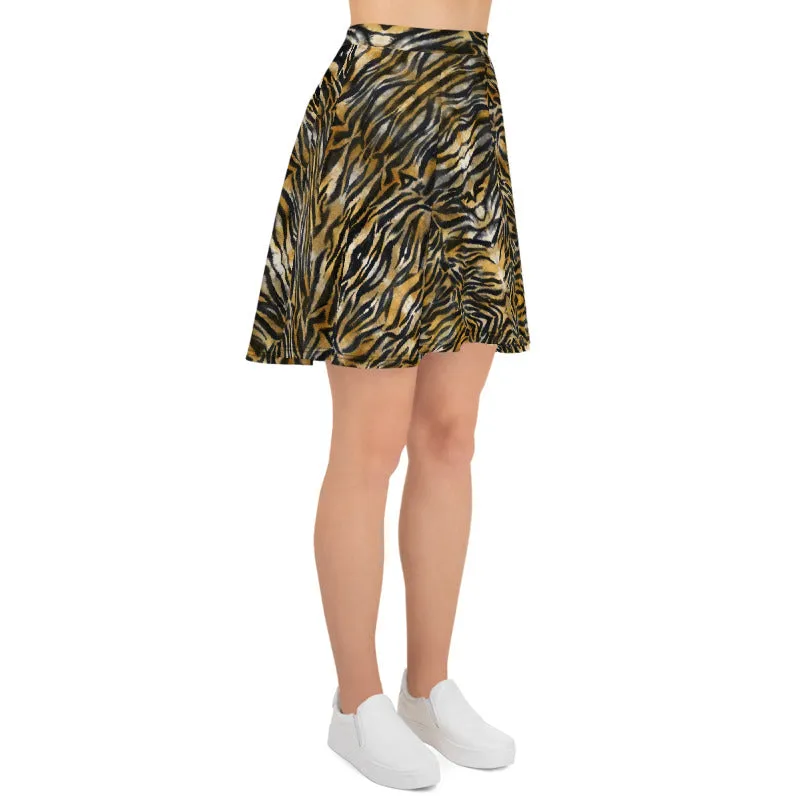Brown Tiger Stripe Skater Skirt, Animal Print Women's Flared A-Line Skirt-Made in USA/EU