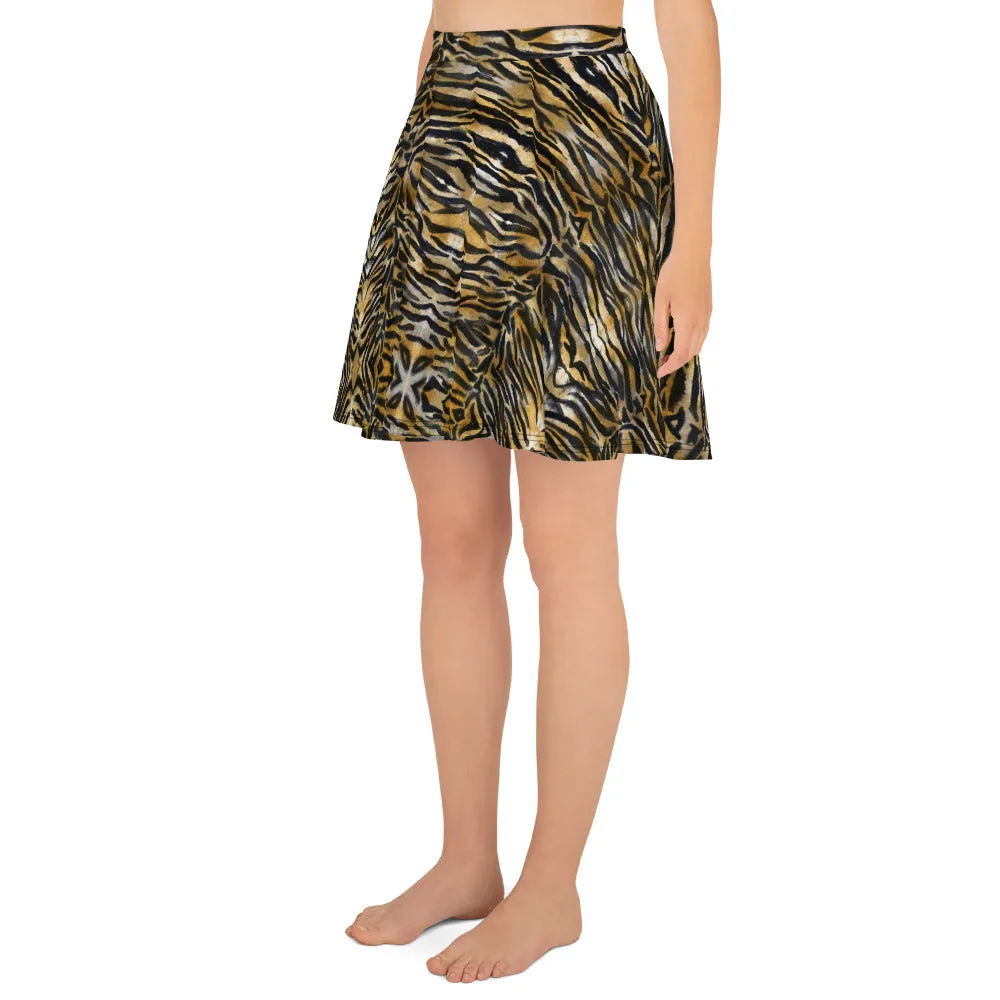 Brown Tiger Stripe Skater Skirt, Animal Print Women's Flared A-Line Skirt-Made in USA/EU