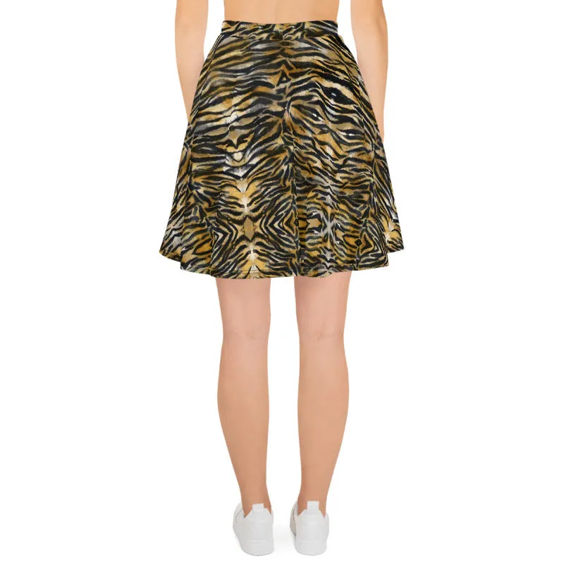 Brown Tiger Stripe Skater Skirt, Animal Print Women's Flared A-Line Skirt-Made in USA/EU