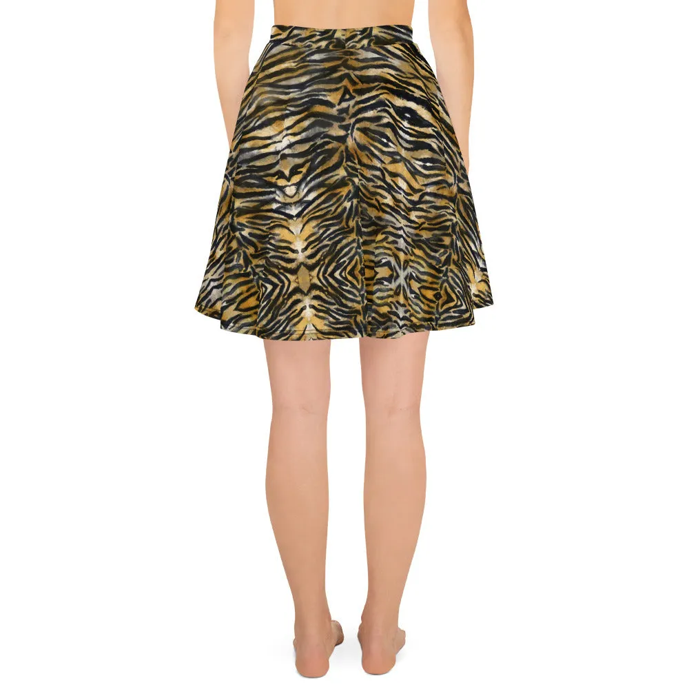 Brown Tiger Stripe Skater Skirt, Animal Print Women's Flared A-Line Skirt-Made in USA/EU