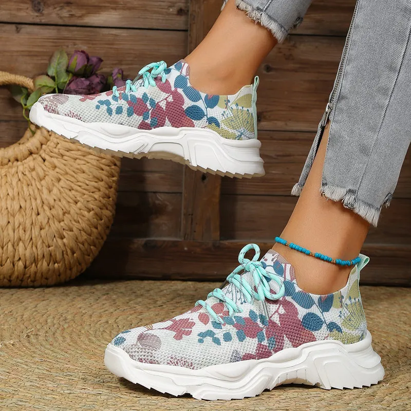 Casual walking wedge sneakers multicolor flower platform sneakers