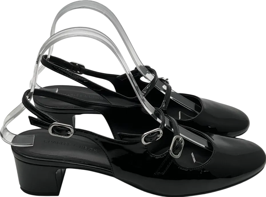Charles & Keith Black Patent Double Buckle Sling Back Kitten Heels UK 5 EU 38 👠