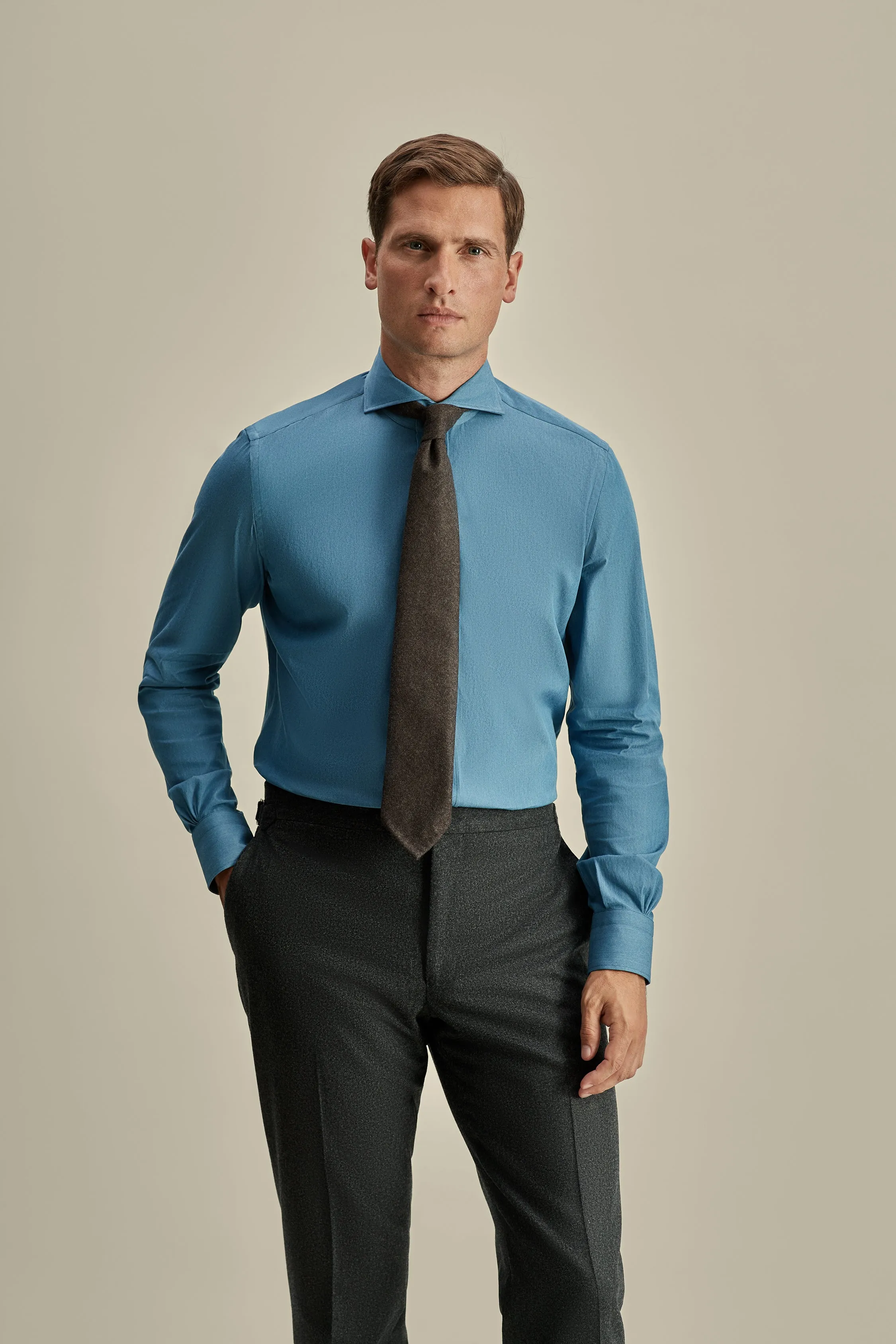 Cotton Chambray Cutaway Collar Shirt