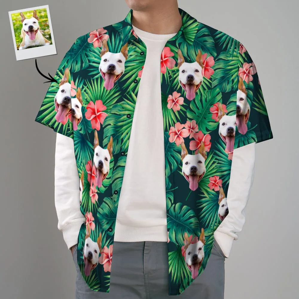 Custom Tropical Shirts Custom Dog Face Hawaiian Shirt Leaves & Flowers Shirt
