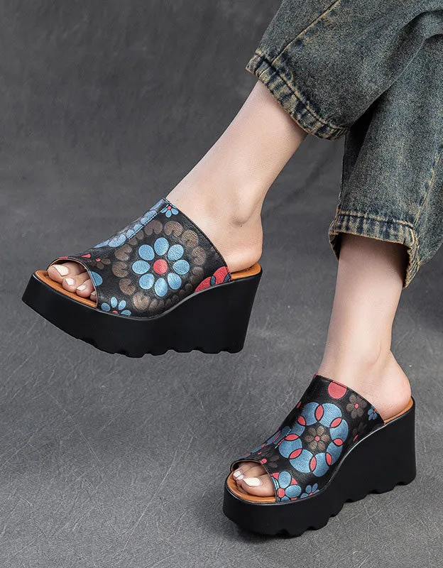 Fish Toe Ethnic Style Flower Printed Wedge Slippers