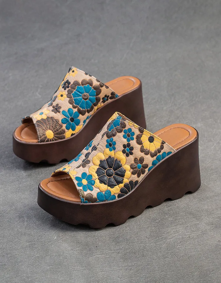 Fish Toe Ethnic Style Flower Printed Wedge Slippers