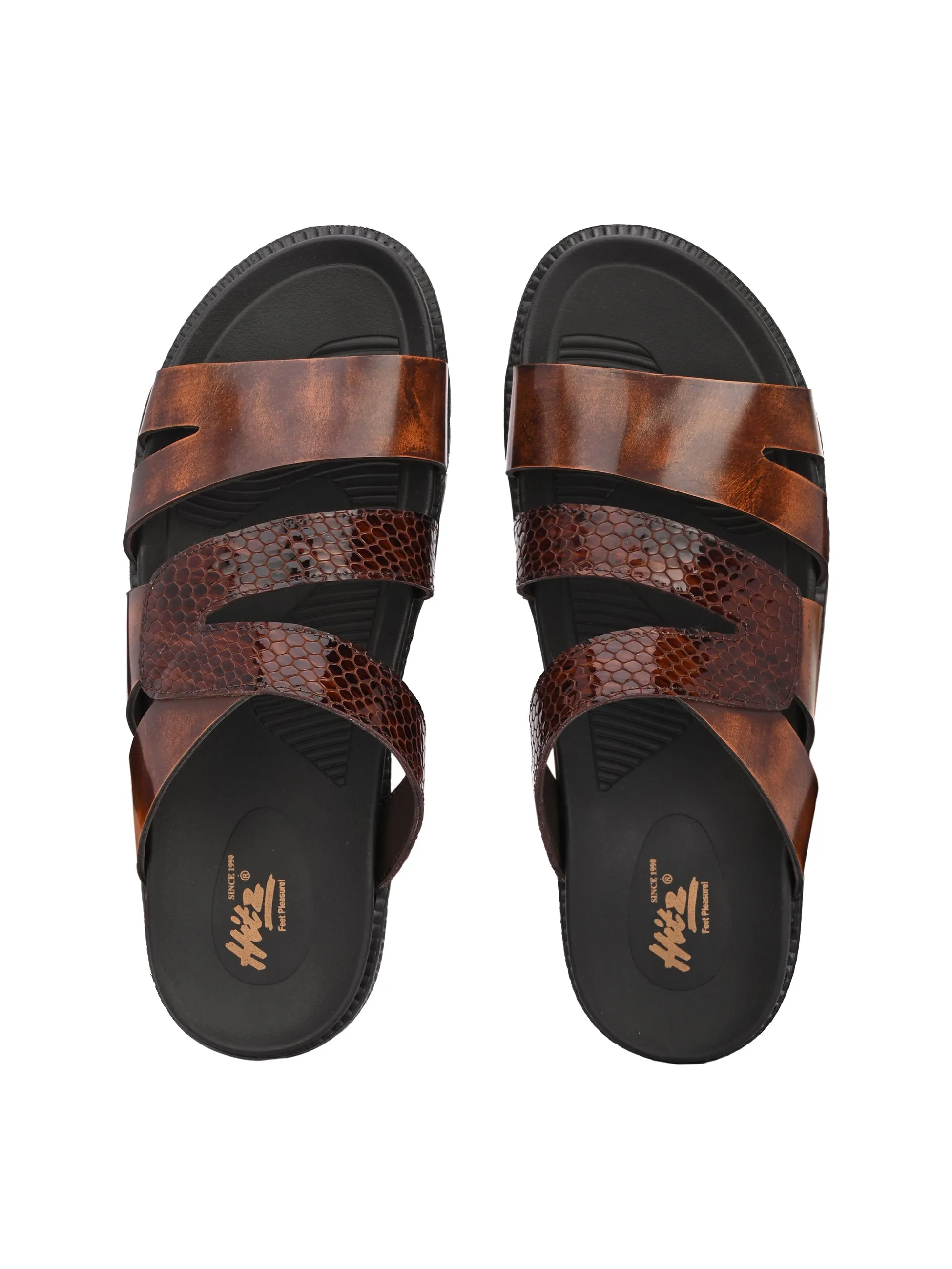Hitz Men's Tan Leather Indoor Outdoor Open Toe Slippers