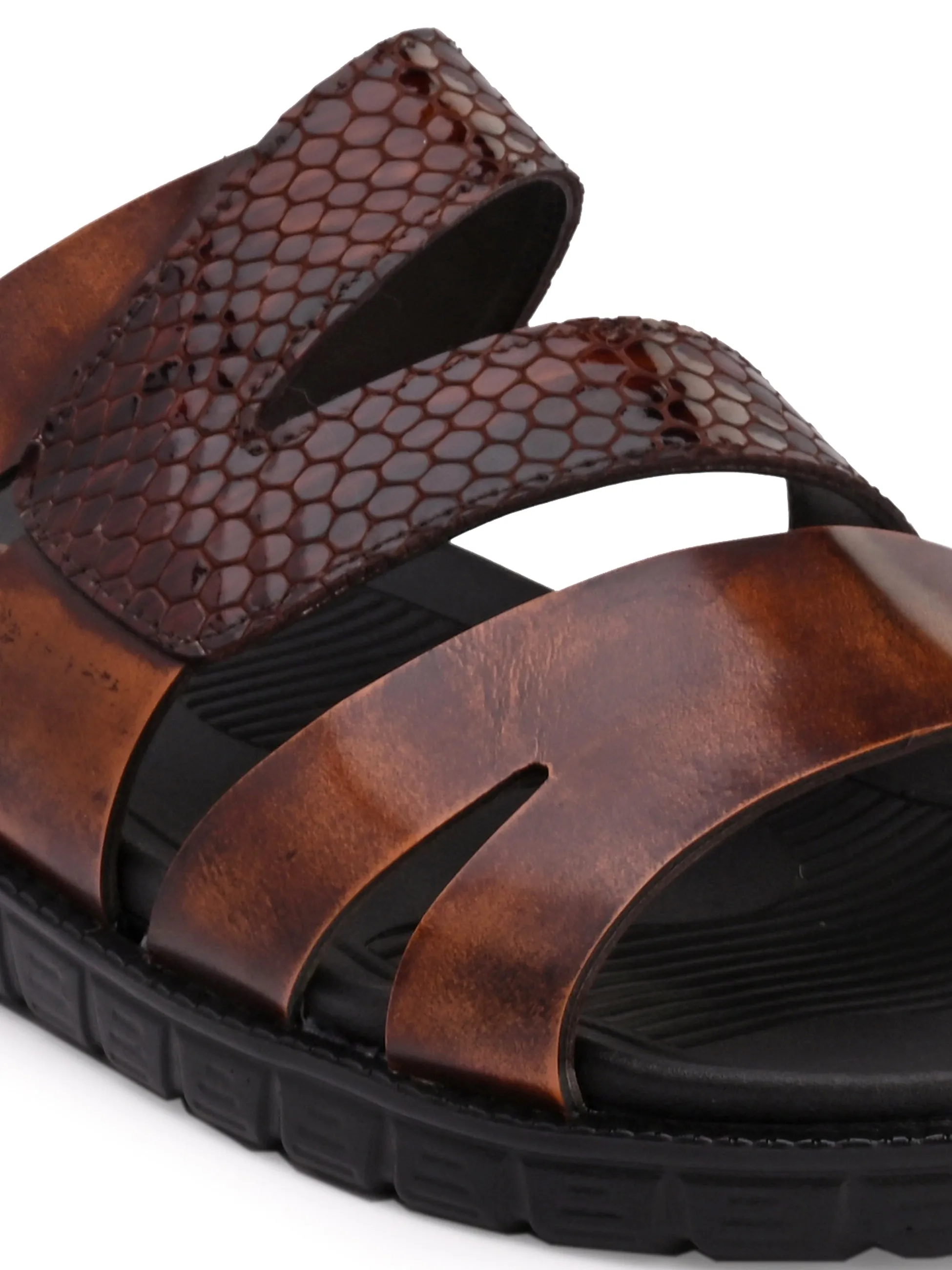 Hitz Men's Tan Leather Indoor Outdoor Open Toe Slippers