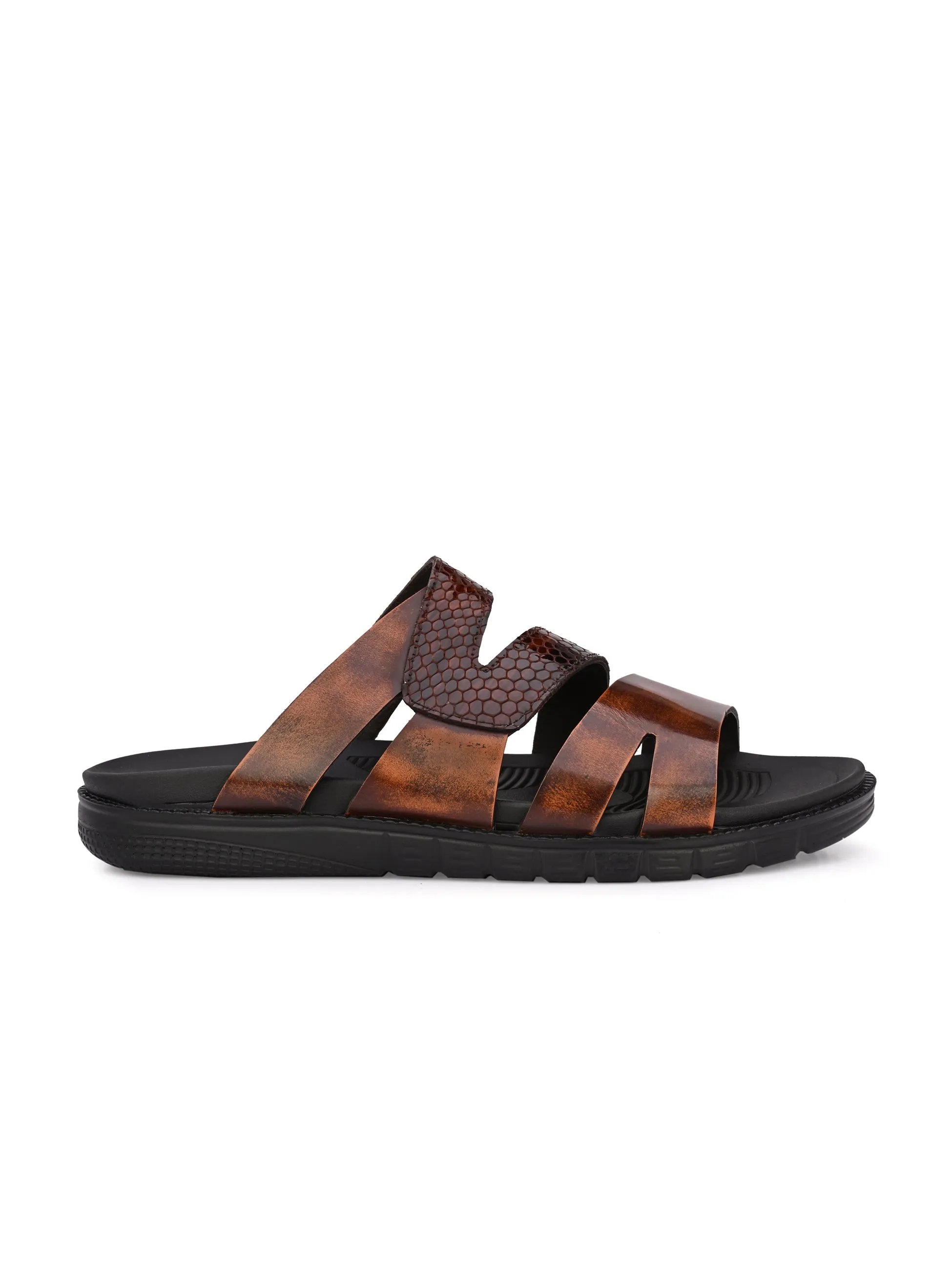 Hitz Men's Tan Leather Indoor Outdoor Open Toe Slippers
