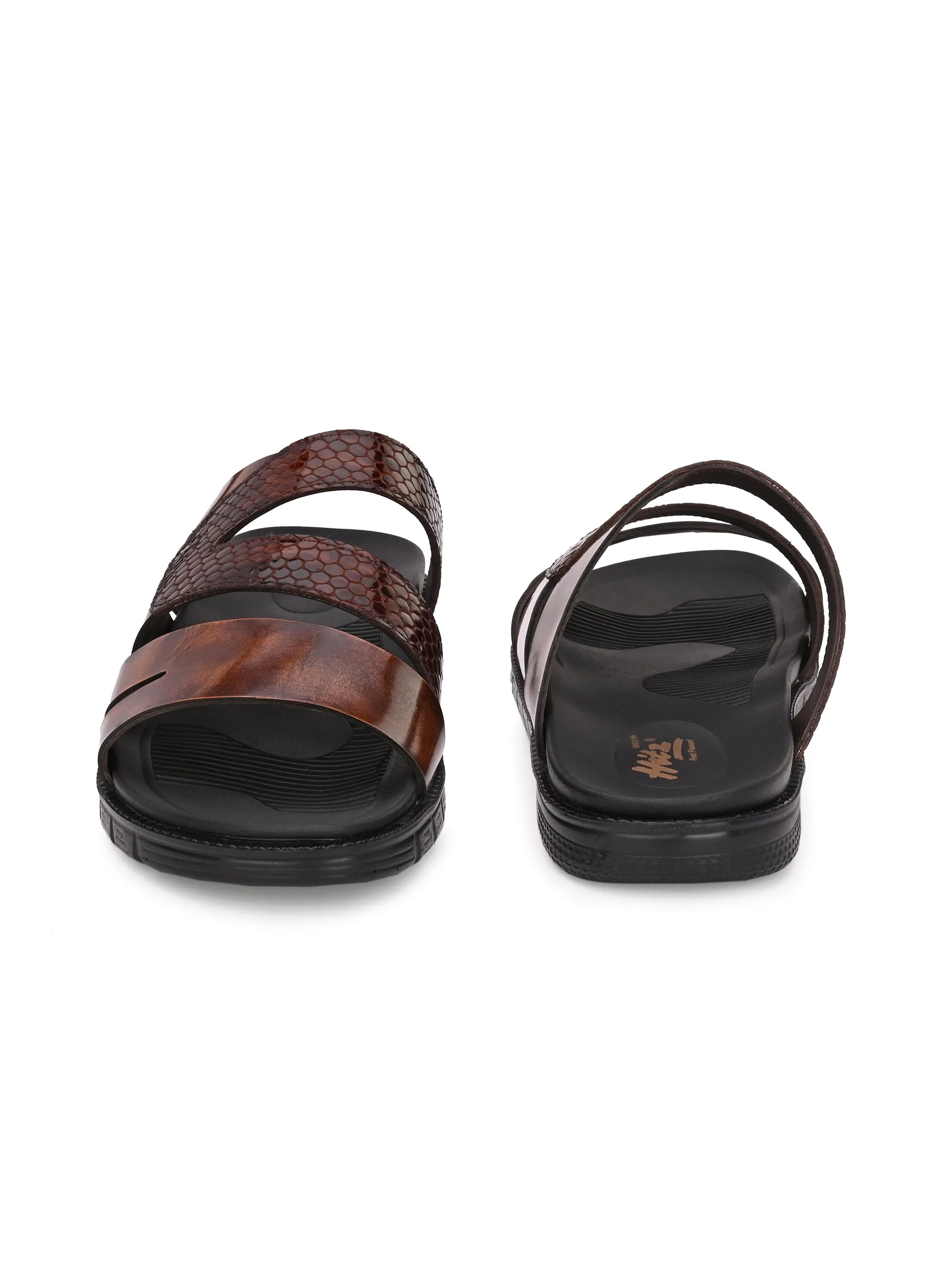 Hitz Men's Tan Leather Indoor Outdoor Open Toe Slippers