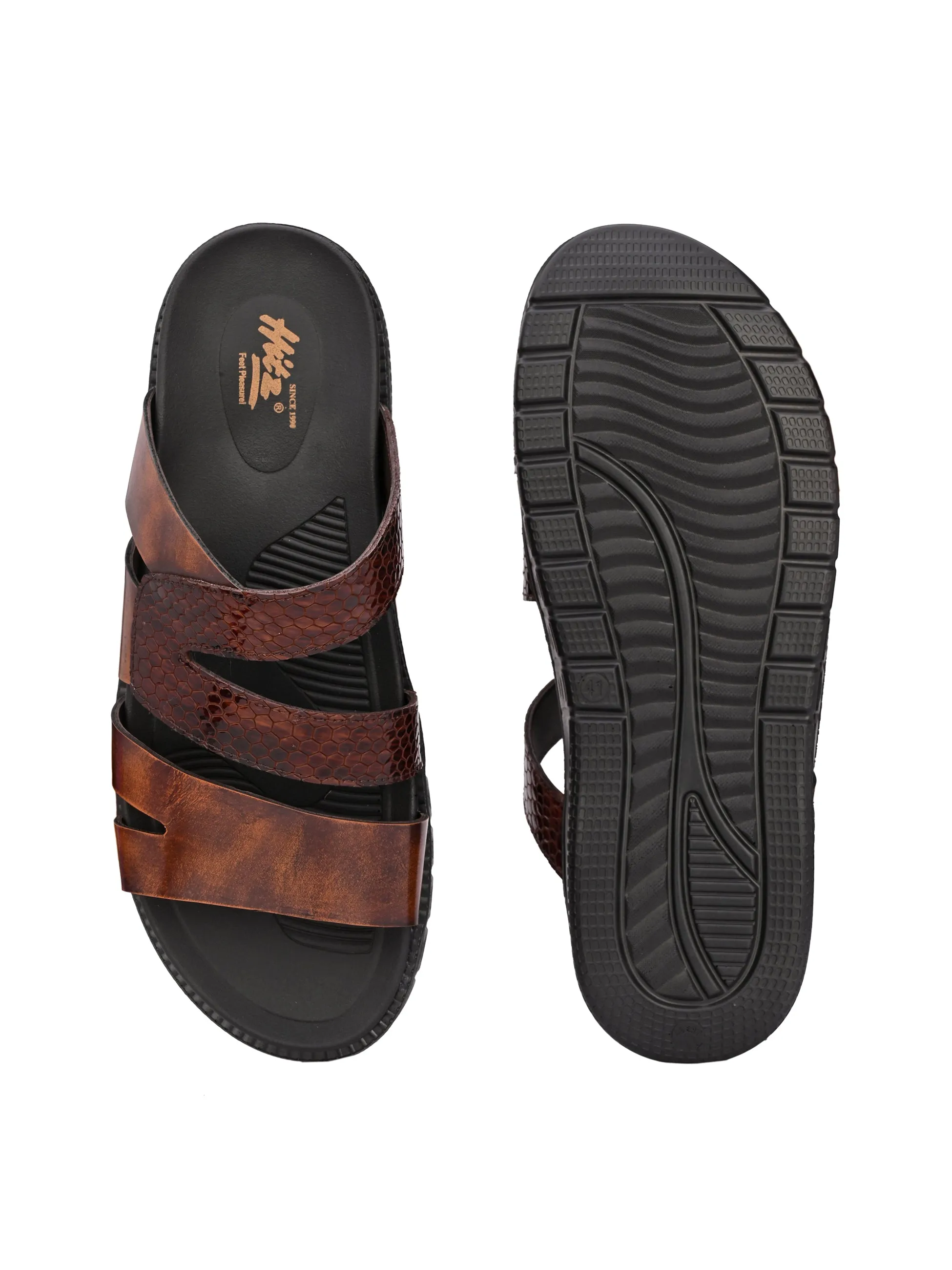 Hitz Men's Tan Leather Indoor Outdoor Open Toe Slippers