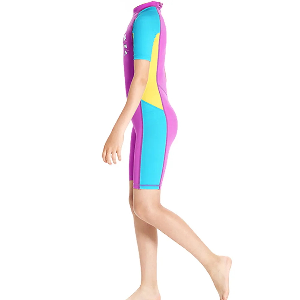 Knee Length Dive Mauve Mermaid Color Block Printed Kids Swimwear In Upf 50  Fabric