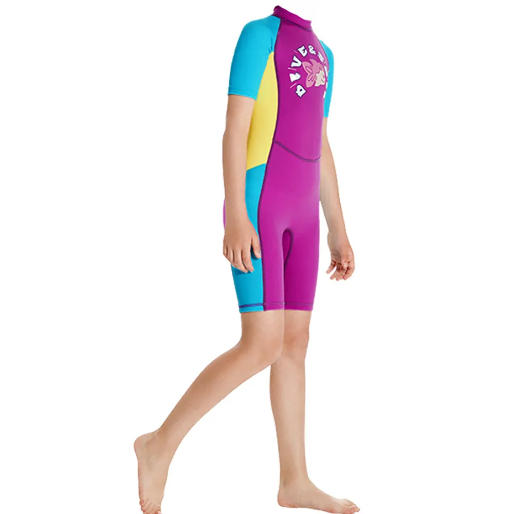 Knee Length Dive Mauve Mermaid Color Block Printed Kids Swimwear In Upf 50  Fabric