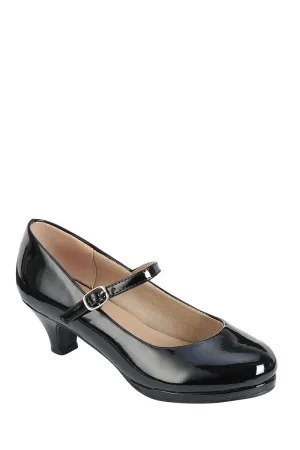 Ladies fashion high heel pump, closed round toe, kitten heel, slip on buckle closure