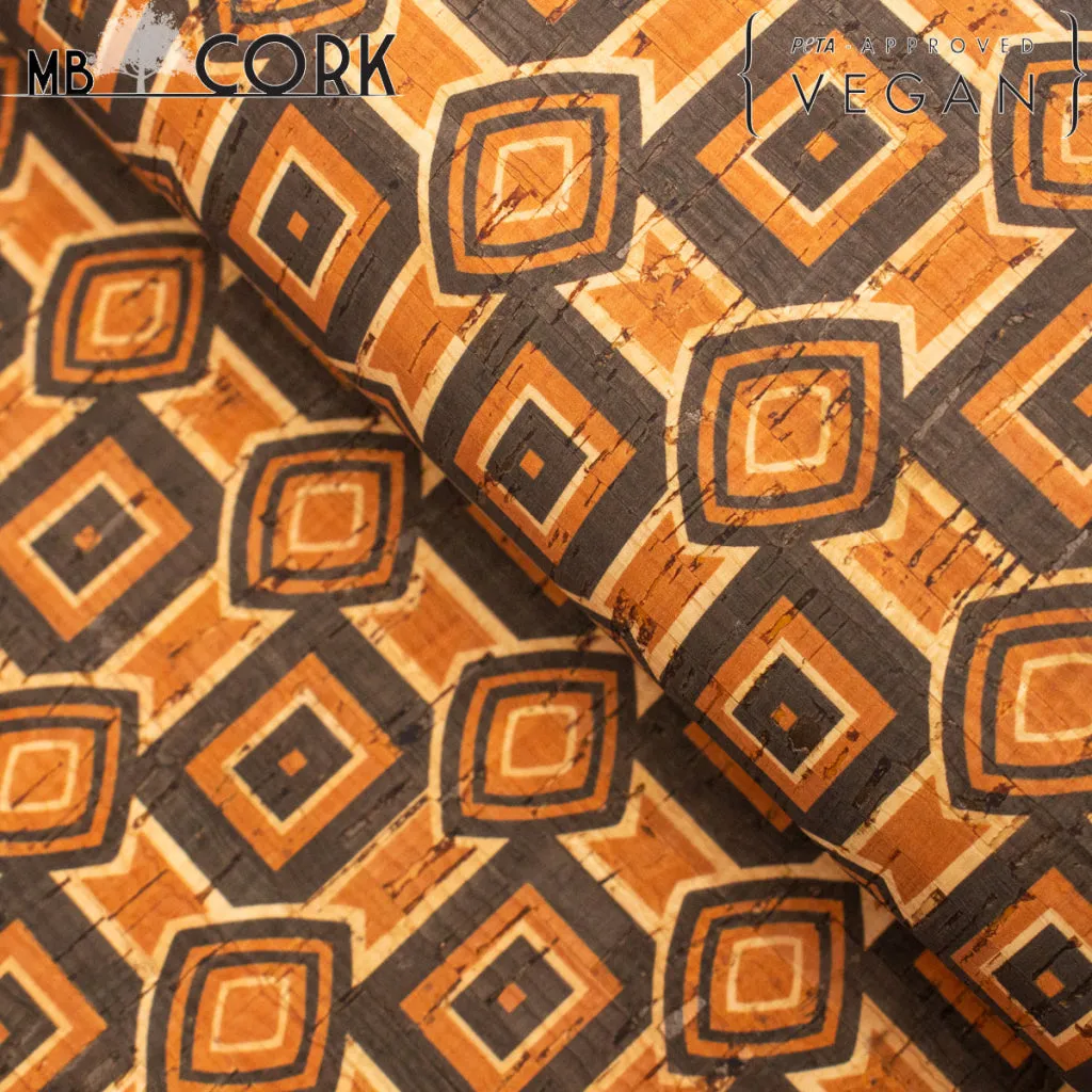 Natural cork Fabric patterned with ethnic orange and browns COF-203