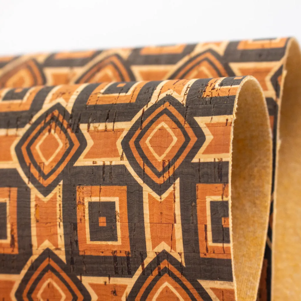 Natural cork Fabric patterned with ethnic orange and browns COF-203
