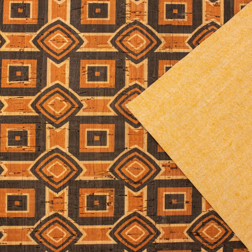 Natural cork Fabric patterned with ethnic orange and browns COF-203