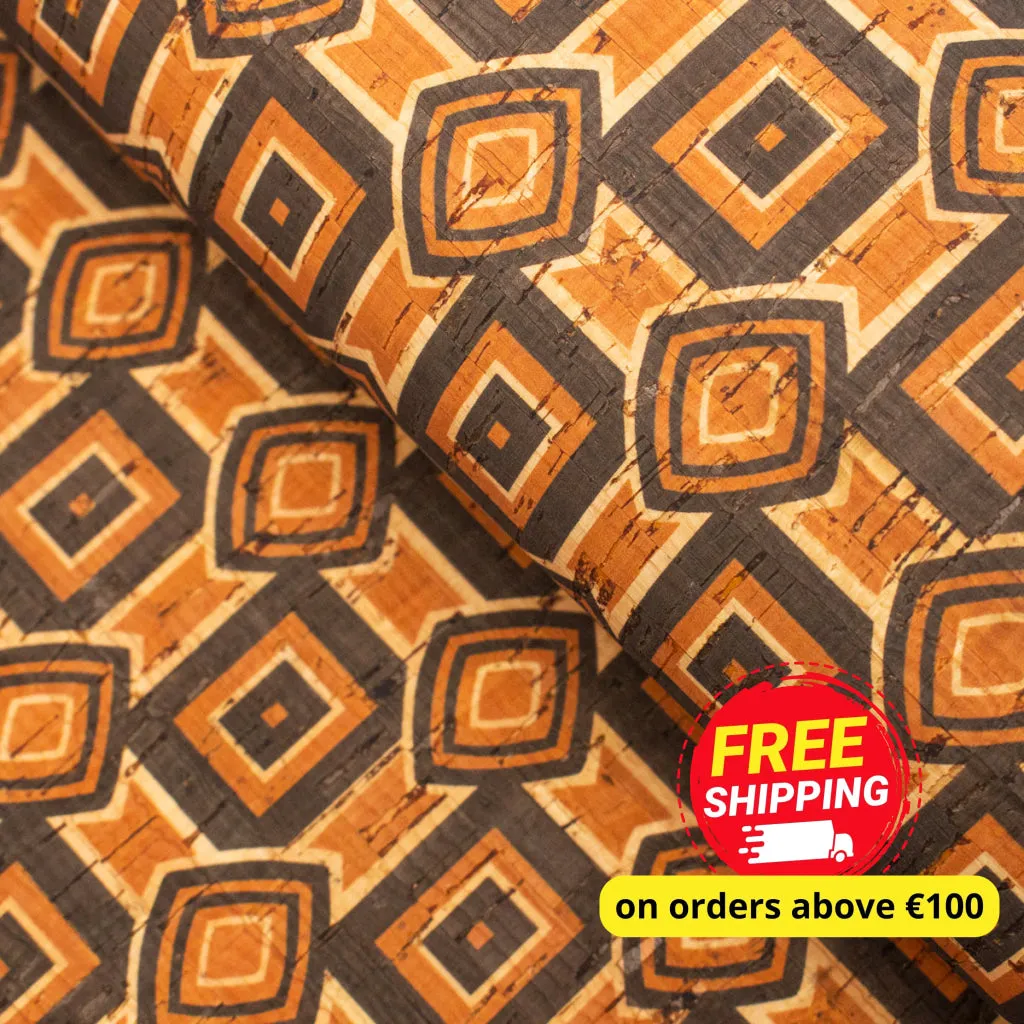 Natural cork Fabric patterned with ethnic orange and browns COF-203