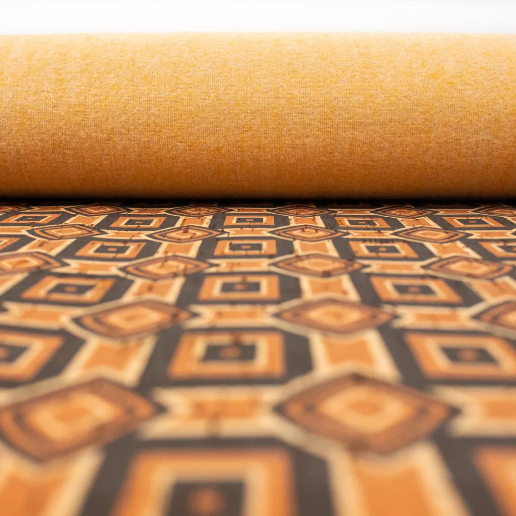 Natural cork Fabric patterned with ethnic orange and browns COF-203