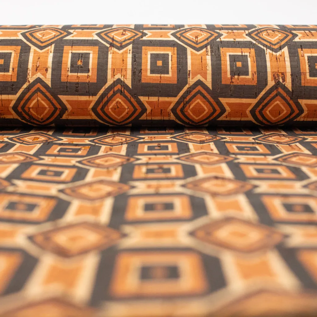 Natural cork Fabric patterned with ethnic orange and browns COF-203