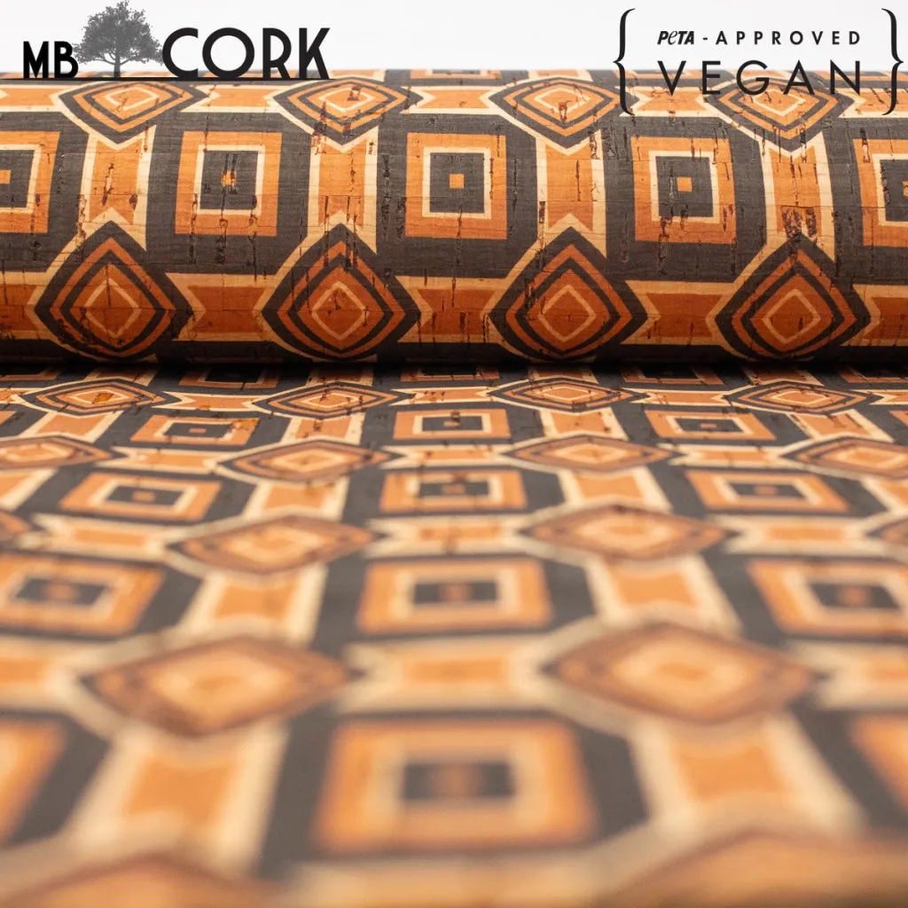 Natural cork Fabric patterned with ethnic orange and browns COF-203