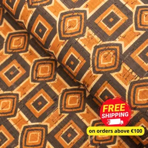Natural cork Fabric patterned with ethnic orange and browns COF-203