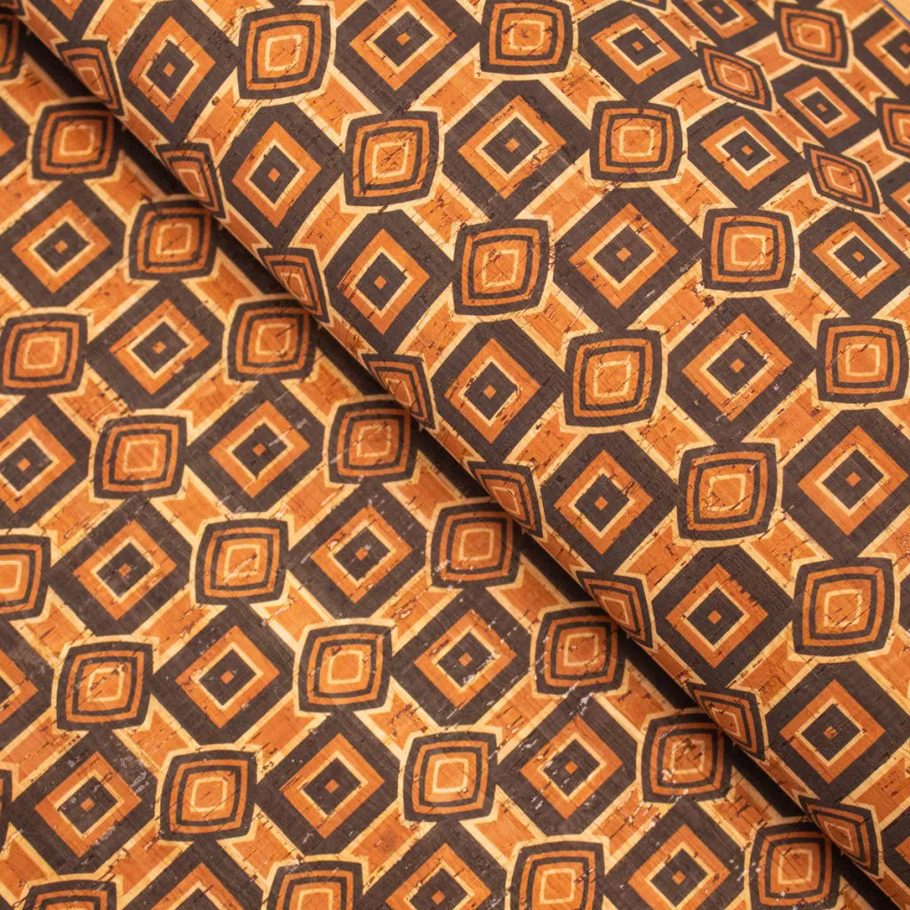 Natural cork Fabric patterned with ethnic orange and browns COF-203