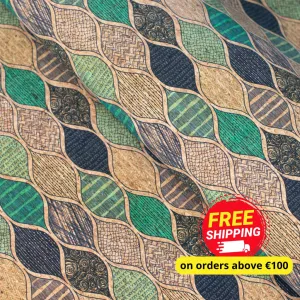 Natural Cork Fabric with Green Wave Pattern COF-427-B