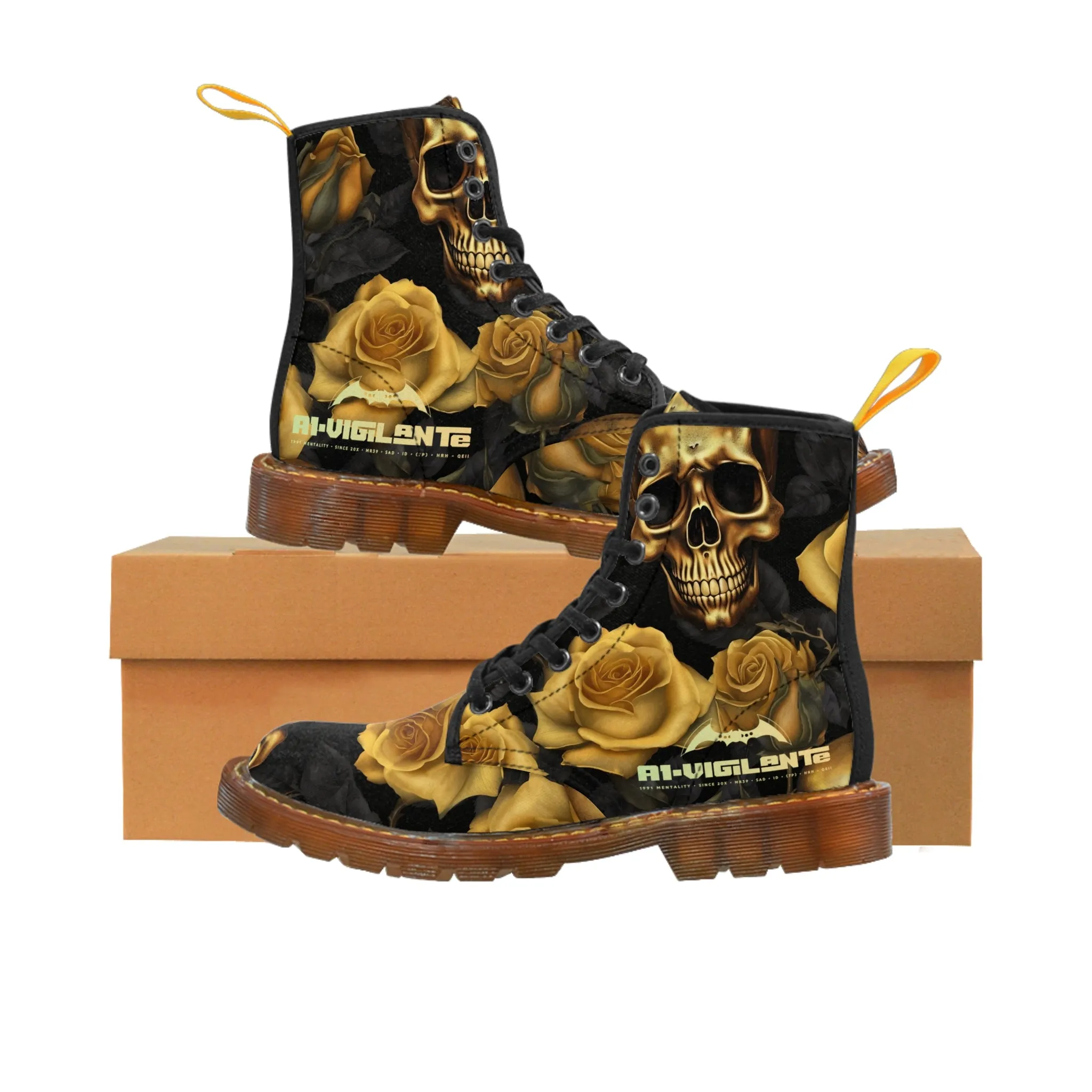 No 2 A1-Vigilante Gothic Skulls and Gold Roses Canvas Boots AOP