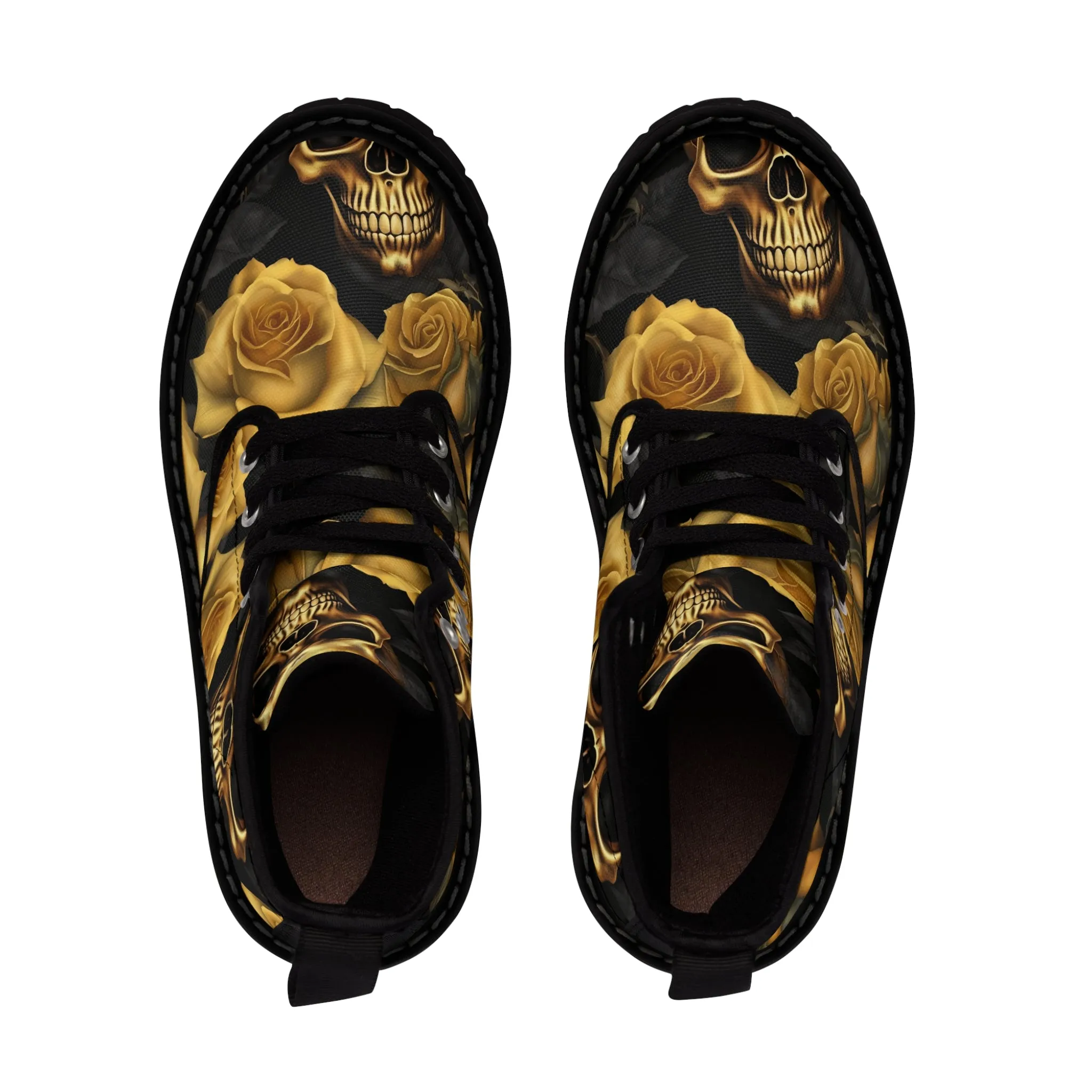 No 2 A1-Vigilante Gothic Skulls and Gold Roses Canvas Boots AOP
