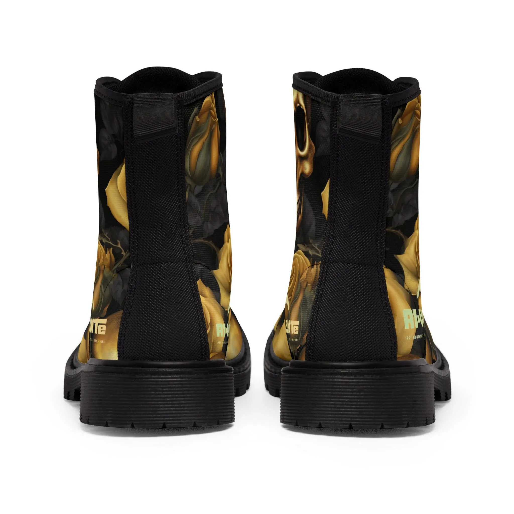 No 2 A1-Vigilante Gothic Skulls and Gold Roses Canvas Boots AOP