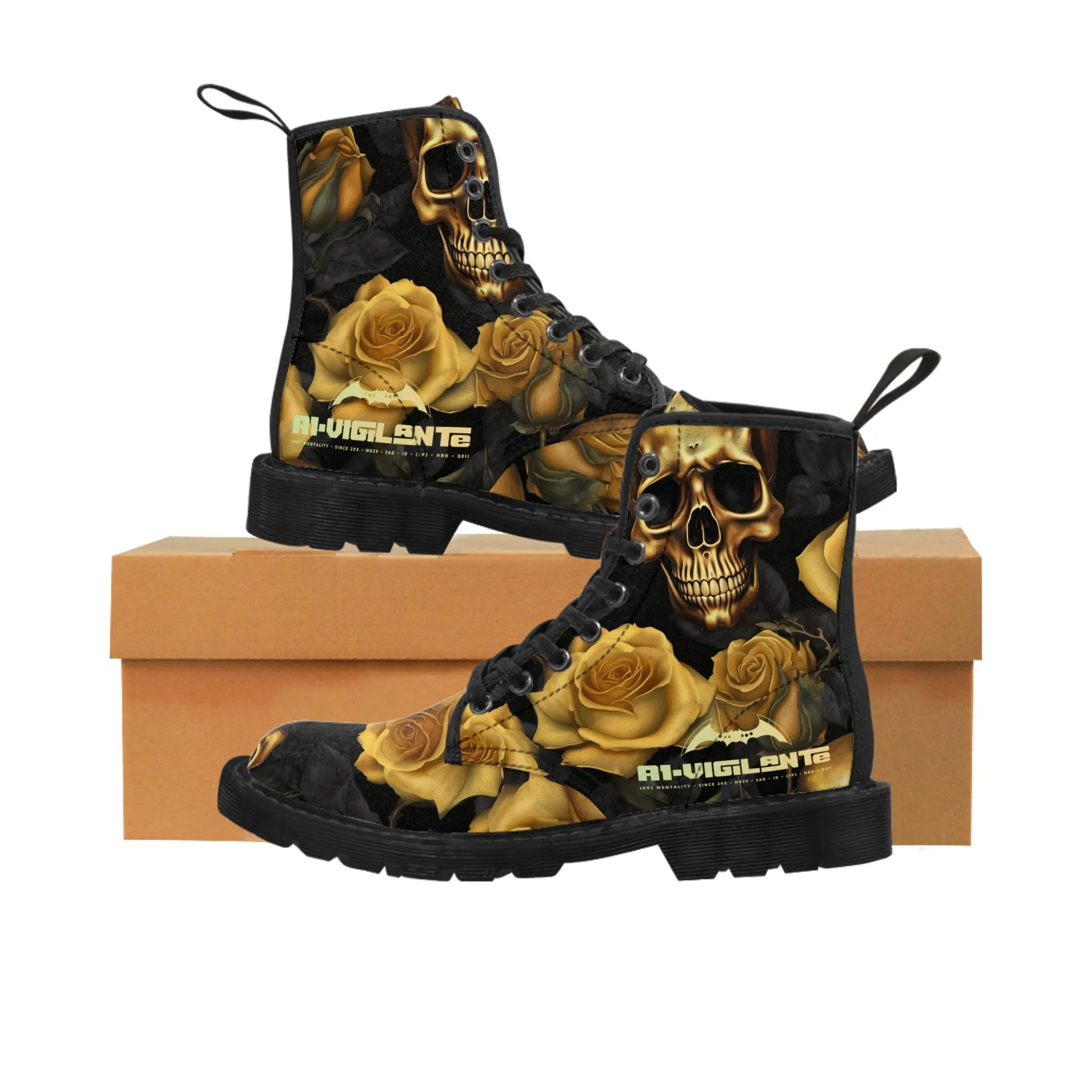No 2 A1-Vigilante Gothic Skulls and Gold Roses Canvas Boots AOP
