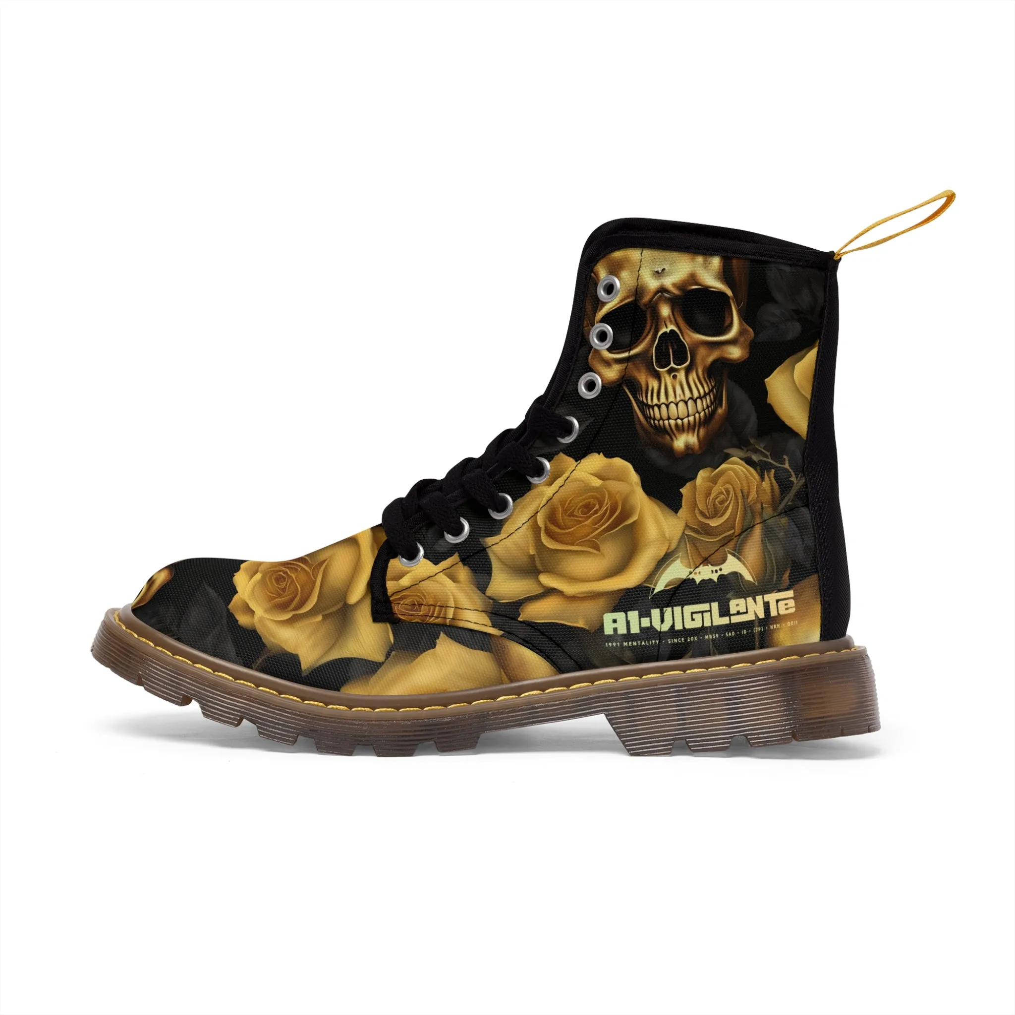 No 2 A1-Vigilante Gothic Skulls and Gold Roses Canvas Boots AOP