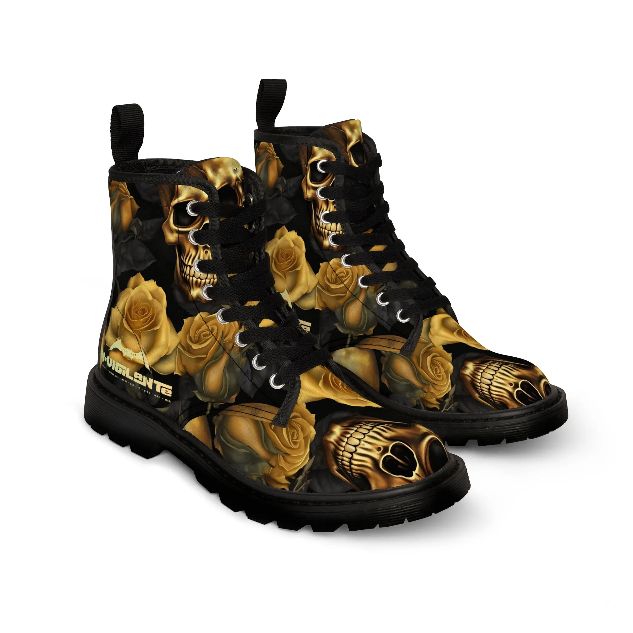 No 2 A1-Vigilante Gothic Skulls and Gold Roses Canvas Boots AOP