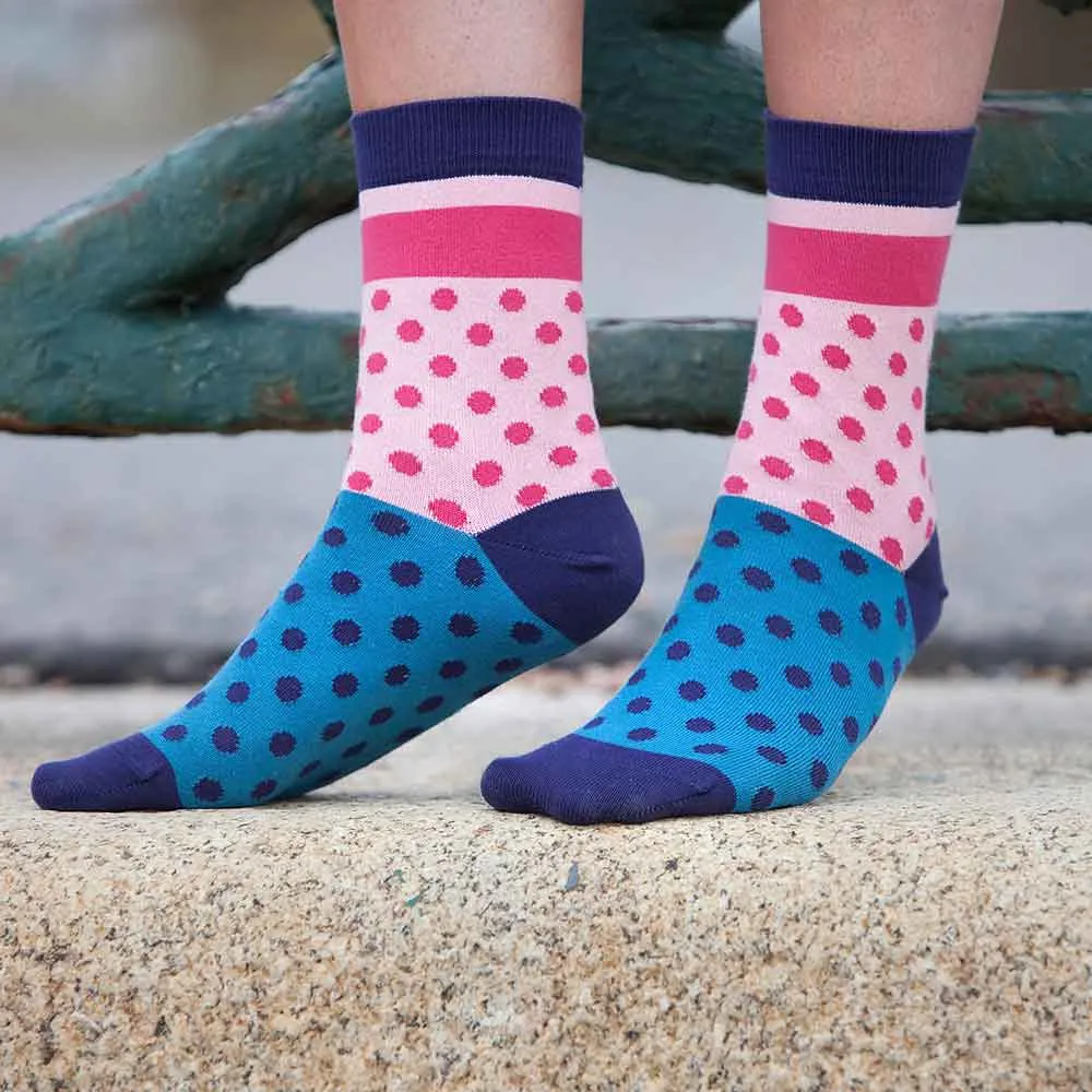 PEPER HAROW Katherine Polka Dot Women's Luxury Cotton Socks - Bubblegum Pink and Blue
