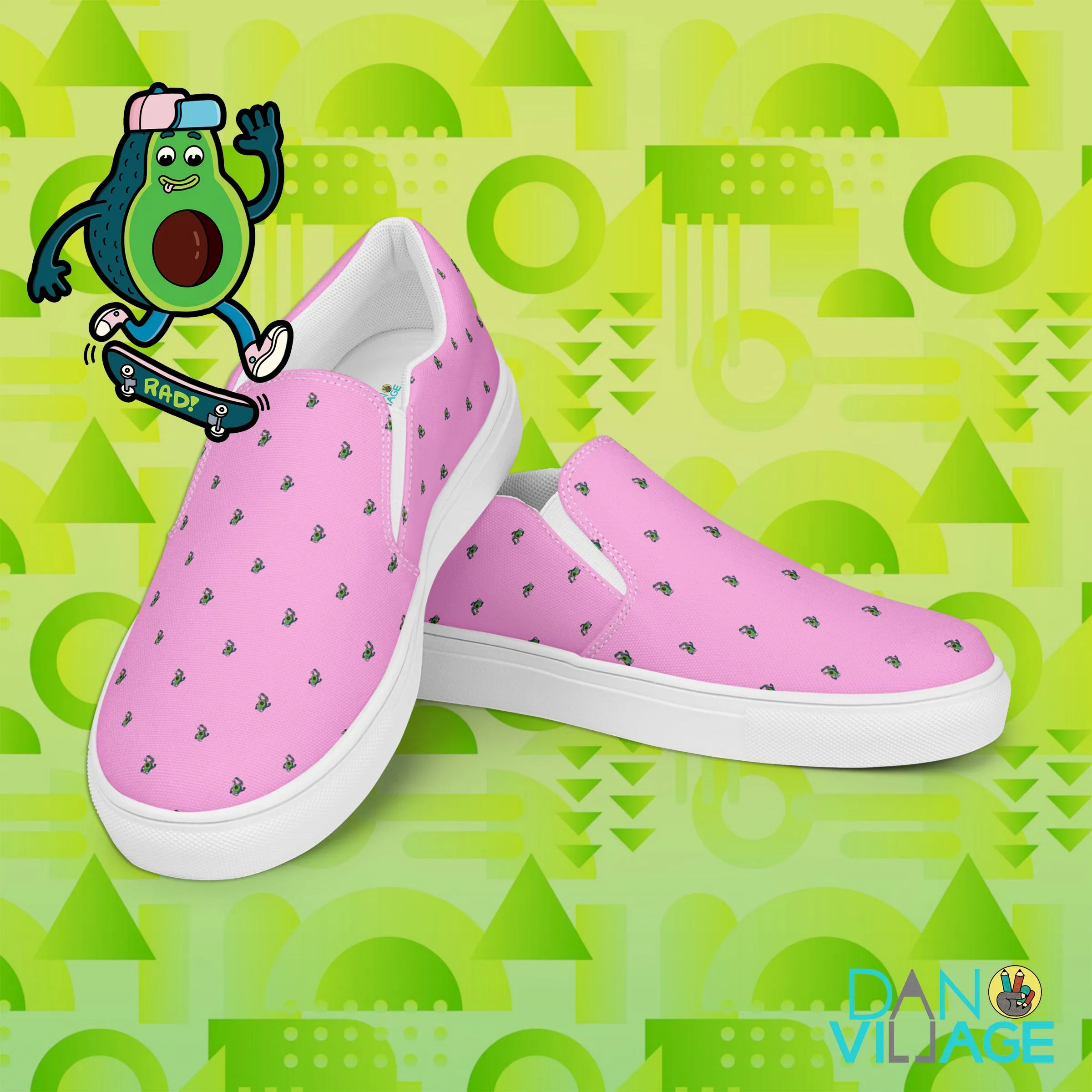 Pink Avocado Skateboarders pattern cute cool fun Women’s slip-on canvas shoes