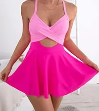 Pink Cutout One Piece Skirt Swimsuit