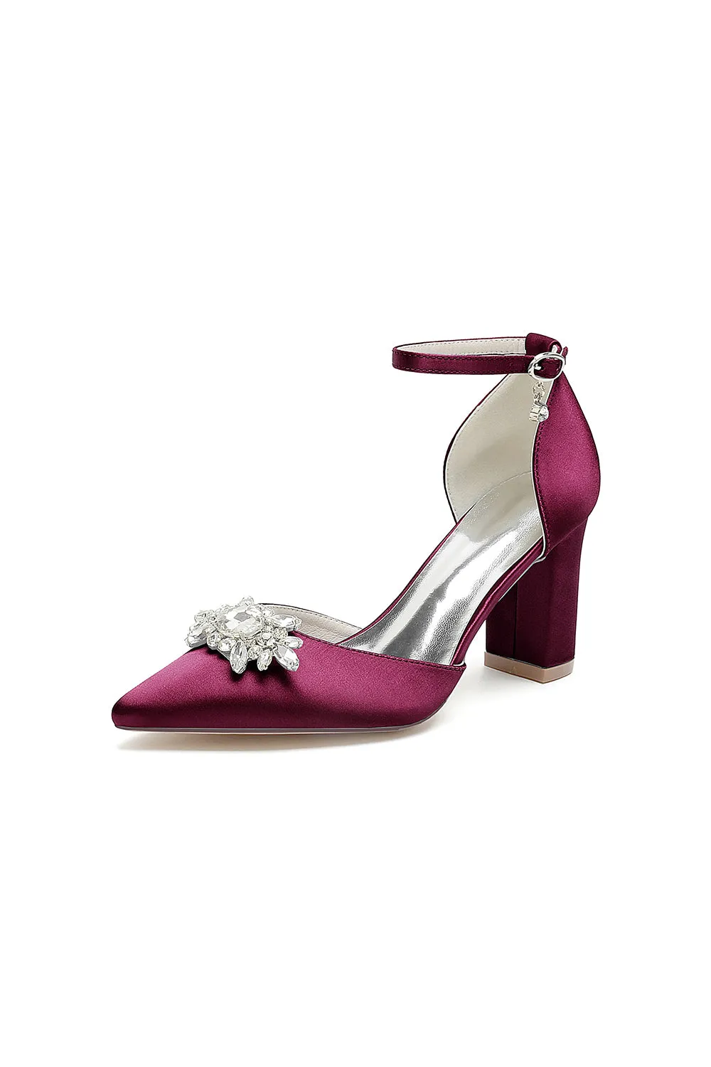 Pointed Toe Ankle Strap Chunky Heel With Rhinestone