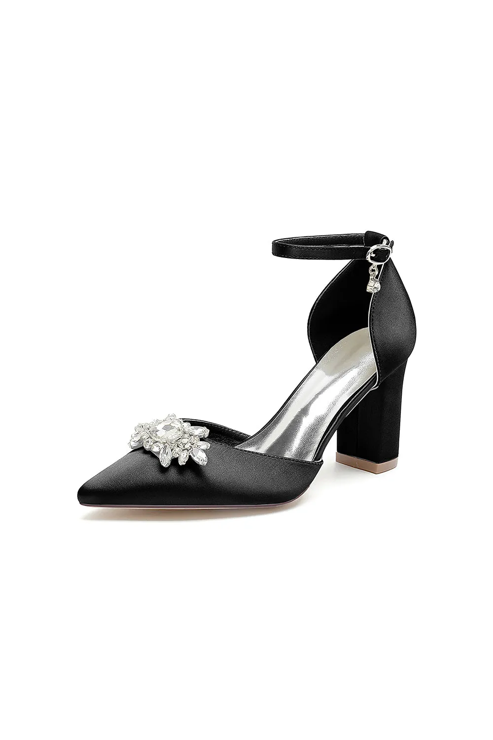 Pointed Toe Ankle Strap Chunky Heel With Rhinestone