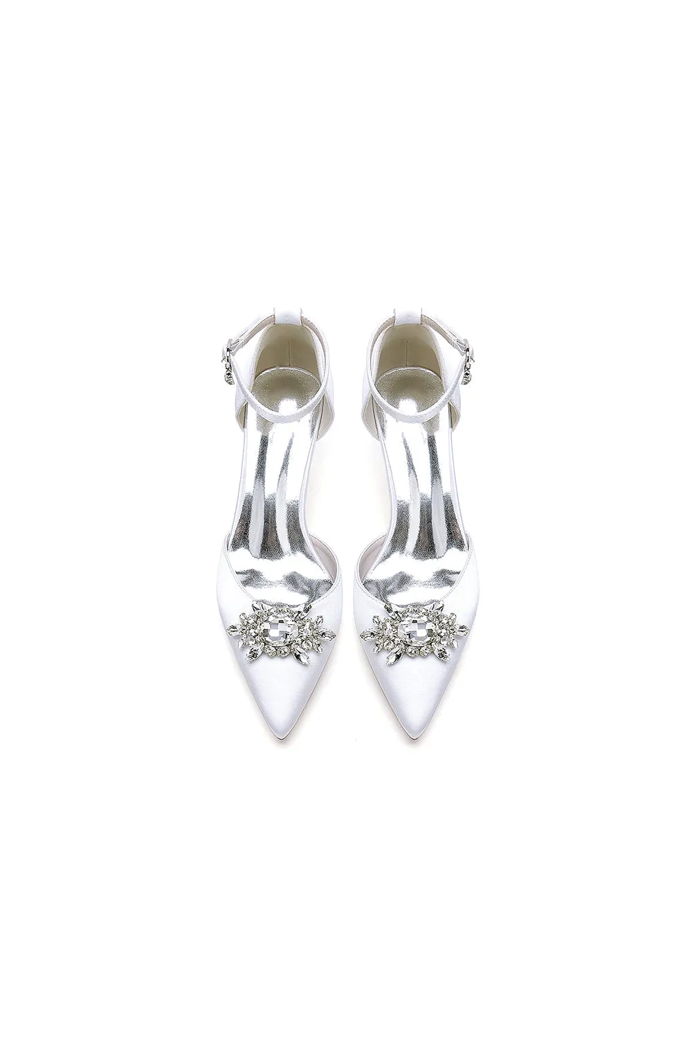 Pointed Toe Ankle Strap Chunky Heel With Rhinestone