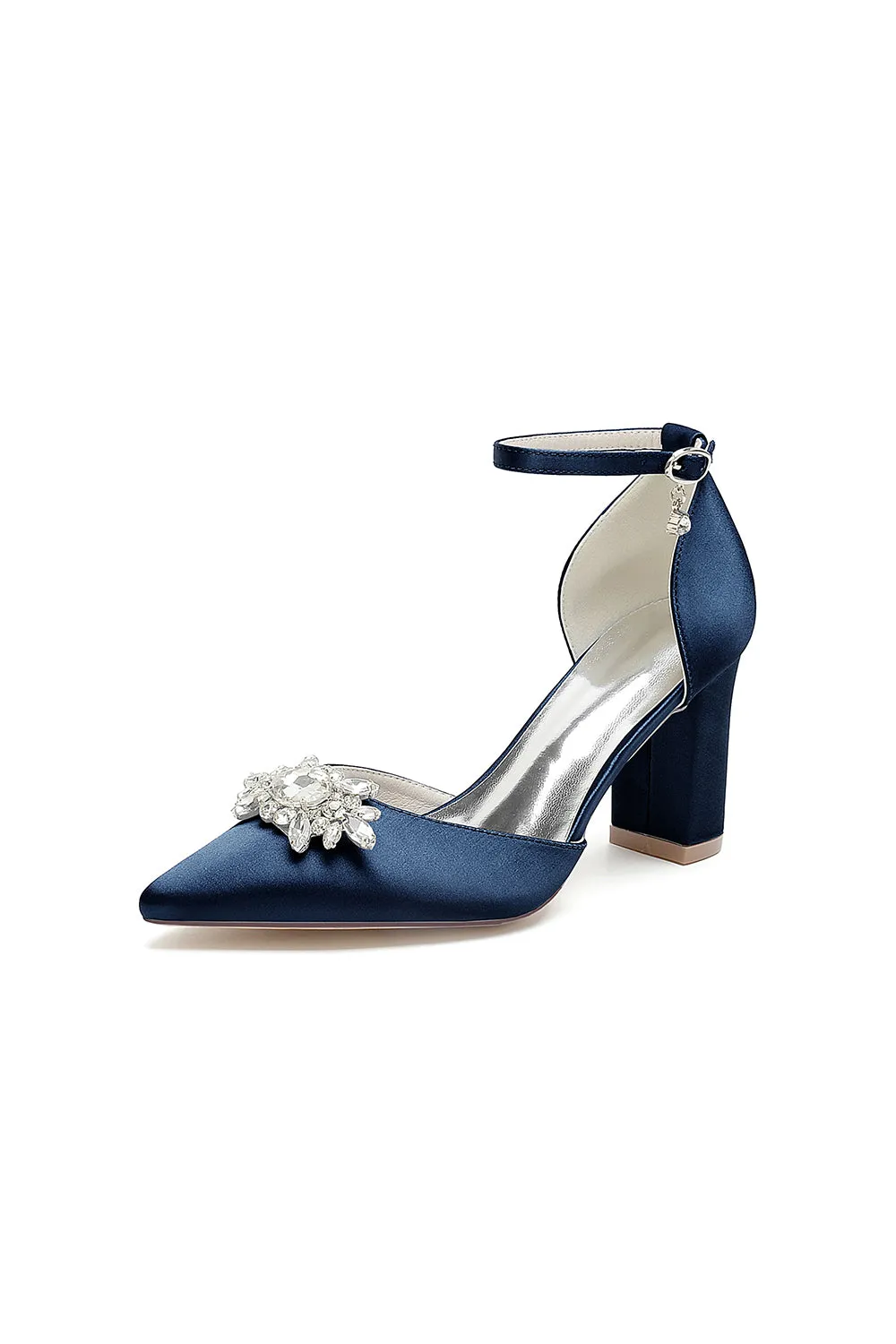 Pointed Toe Ankle Strap Chunky Heel With Rhinestone