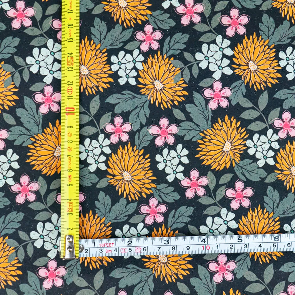 Printed Cork Fabric with Bold Chrysanthemum and Floral Design COF-566