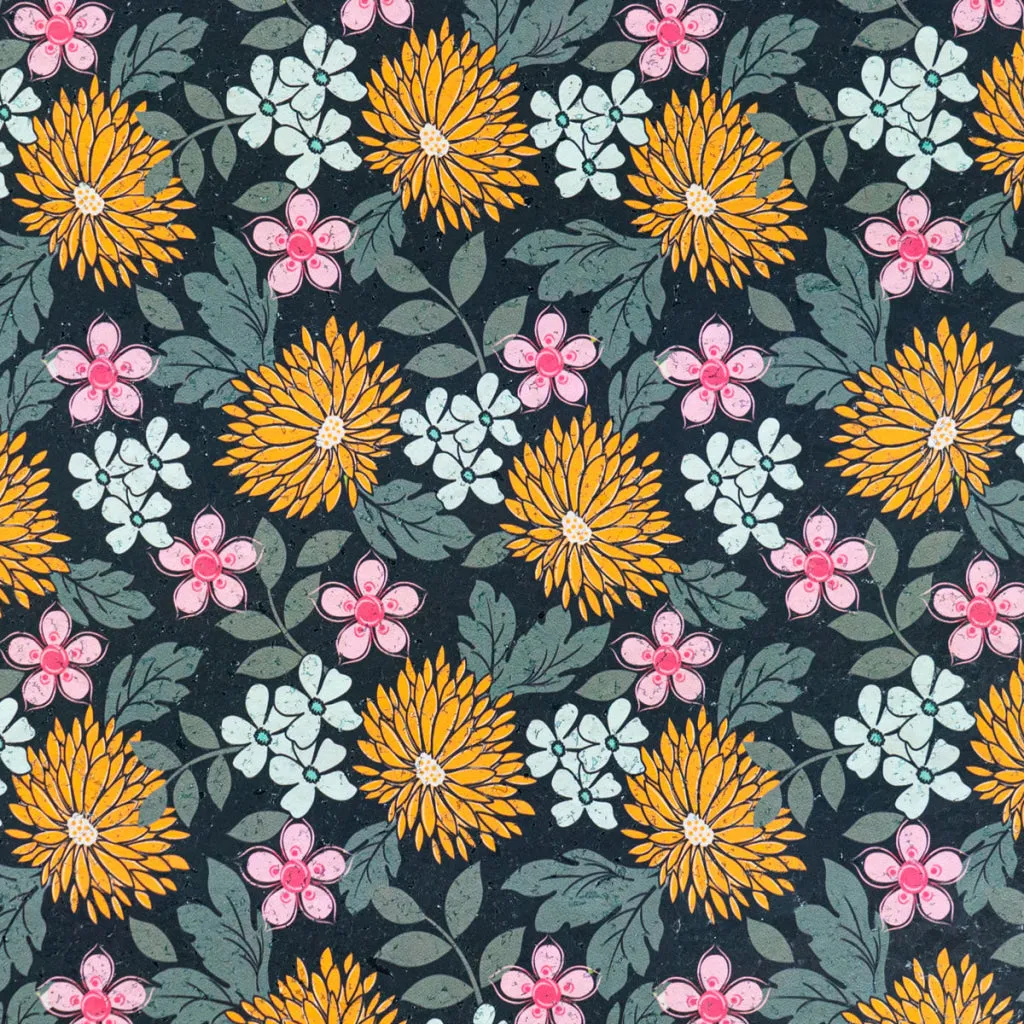 Printed Cork Fabric with Bold Chrysanthemum and Floral Design COF-566