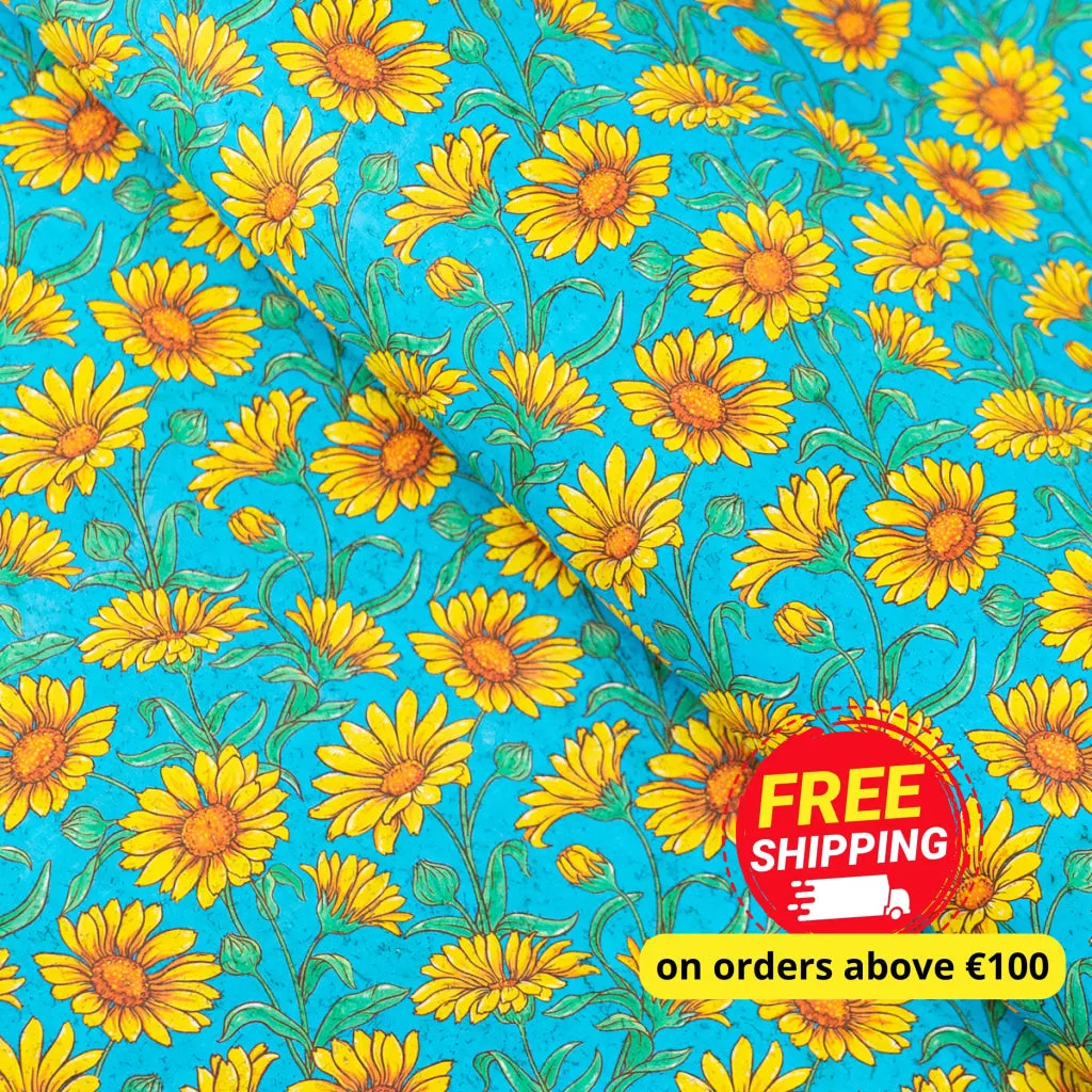 Printed Cork Fabric with Bright Yellow Sunflower Design COF-565