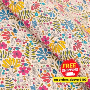 Printed Cork Fabric with Colorful Floral and Leaf Pattern COF-555