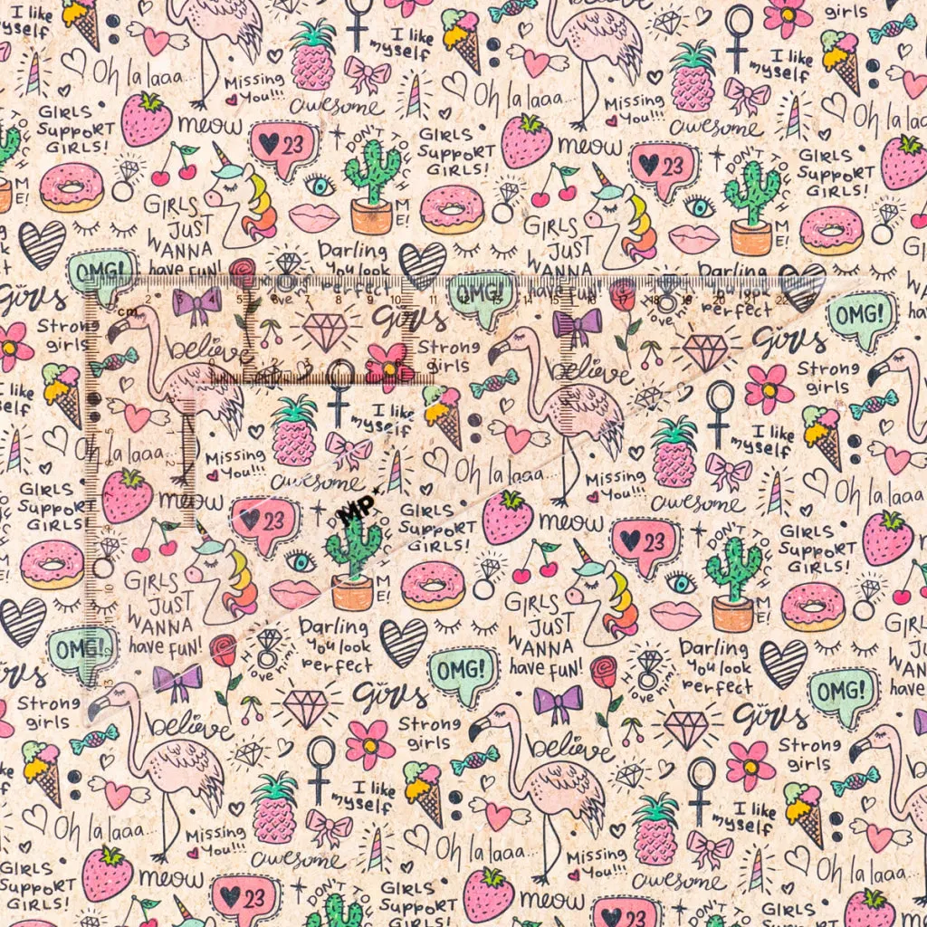 Printed Cork Fabric with Fun Doodles and Girl Power Design COF-556